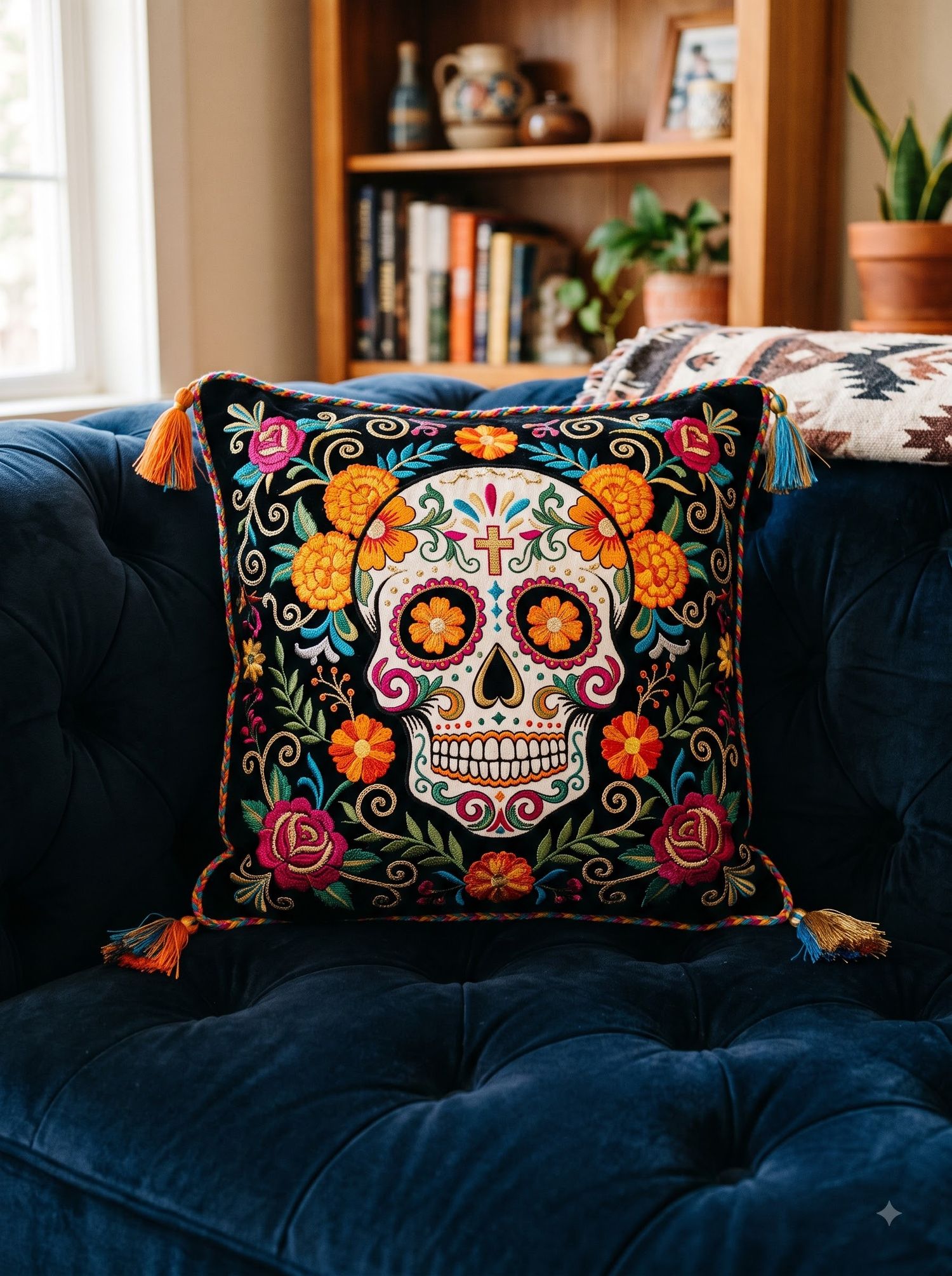 Sugar-Skull (Dia de los Muertos) Embroidered Cushion Cover