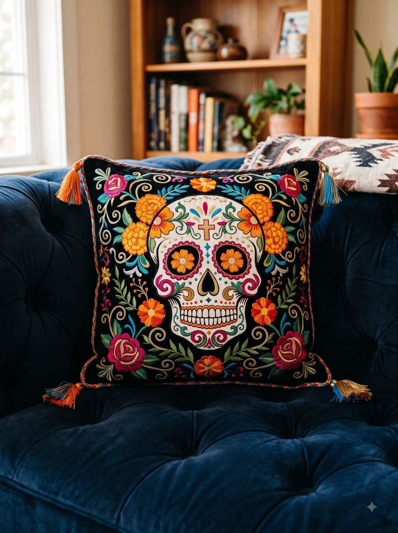 Sugar-Skull (Dia de los Muertos) Embroidered Cushion Cover