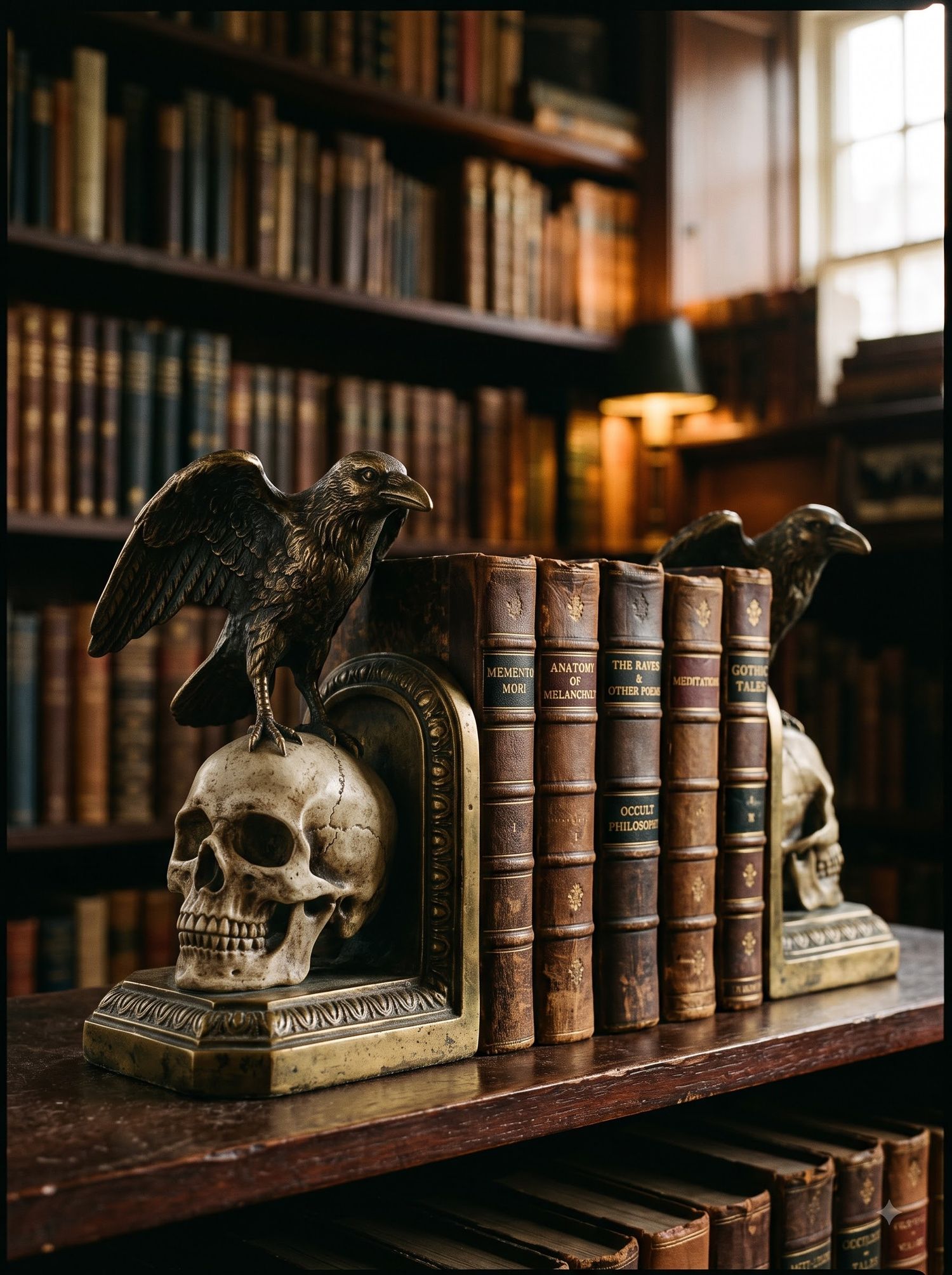 Cast-Brass Raven & Skull Bookends