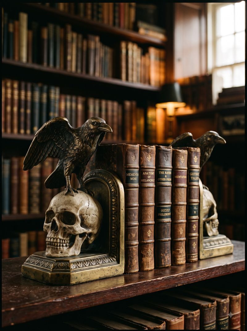 Cast-Brass Raven & Skull Bookends