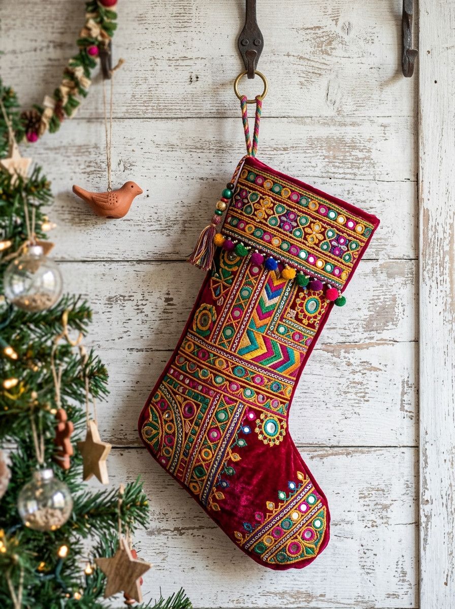 Kutch Mirror-Work Embroidered Velvet Stocking