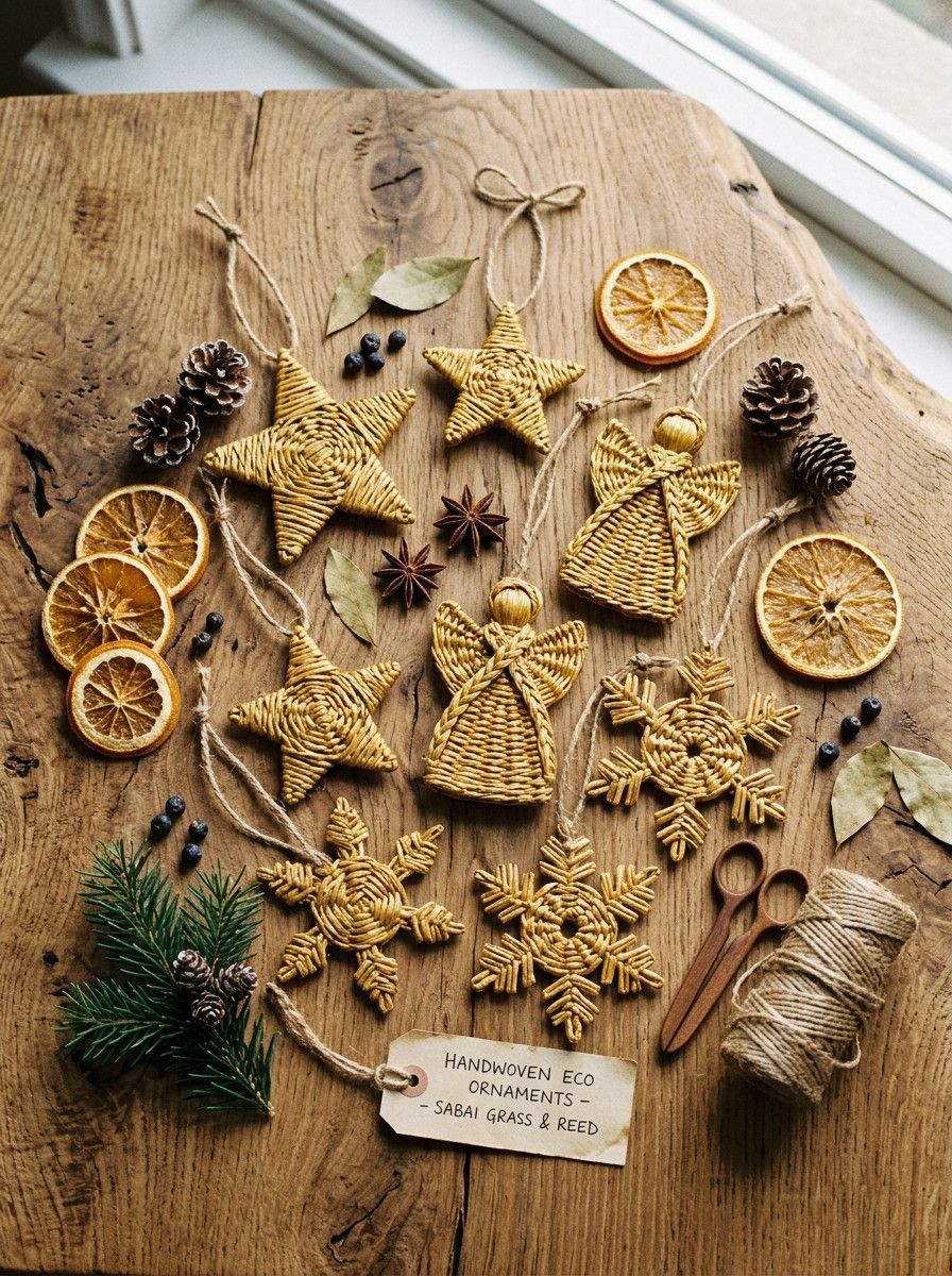 Sabai / Golden-Grass Woven Star & Angel Ornaments
