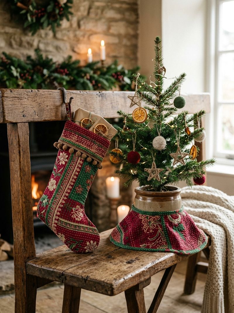 Kantha-Stitch Quilted Stocking & Tree-Skirt Set