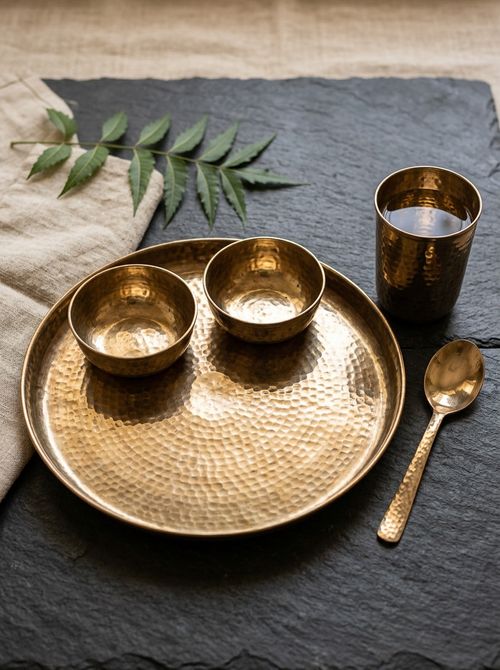 Hand-Beaten Kansa (Bronze) Ayurvedic Thali Dinner Set