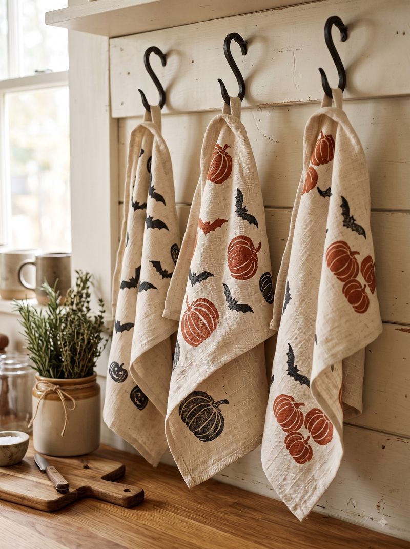 Cotton Block-Printed Halloween Tea Towels (Bats / Pumpkins)