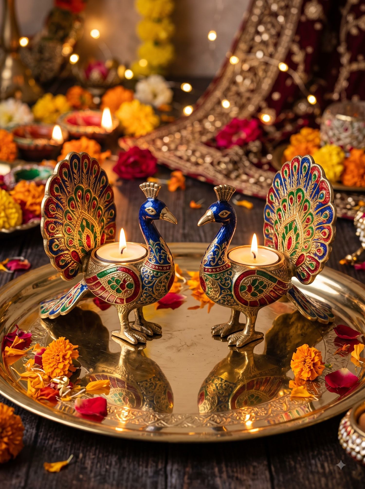 Meenakari Enamel Peacock / Elephant Tealight Pair