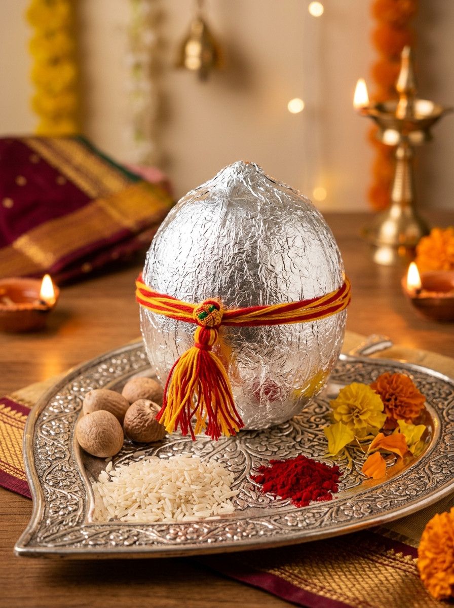 Pure Silver-Coated Coconut (Sriphal) Gift