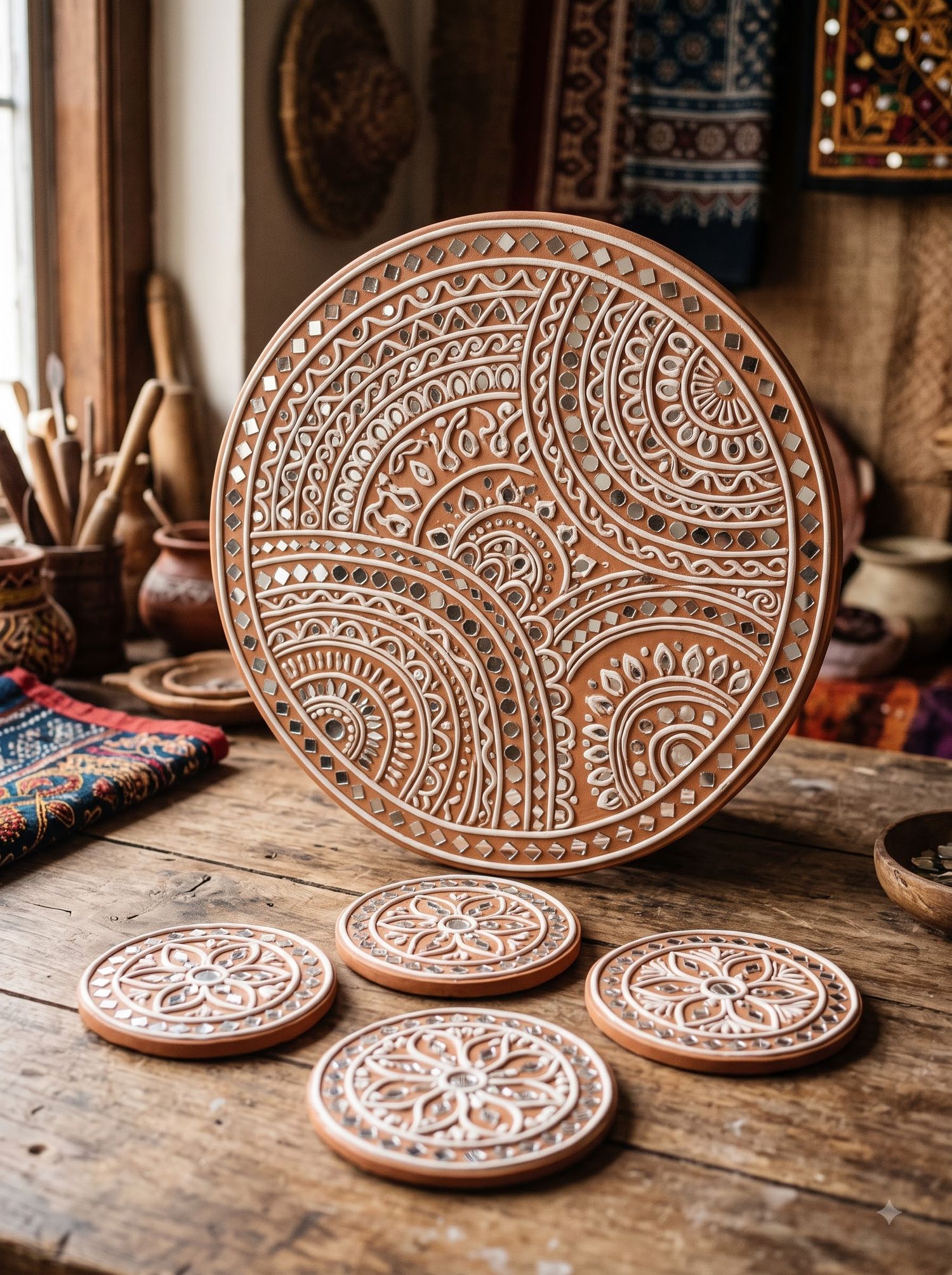 Lippan Art (Kutch Mud-Mirror) Phone Case & Coaster Set