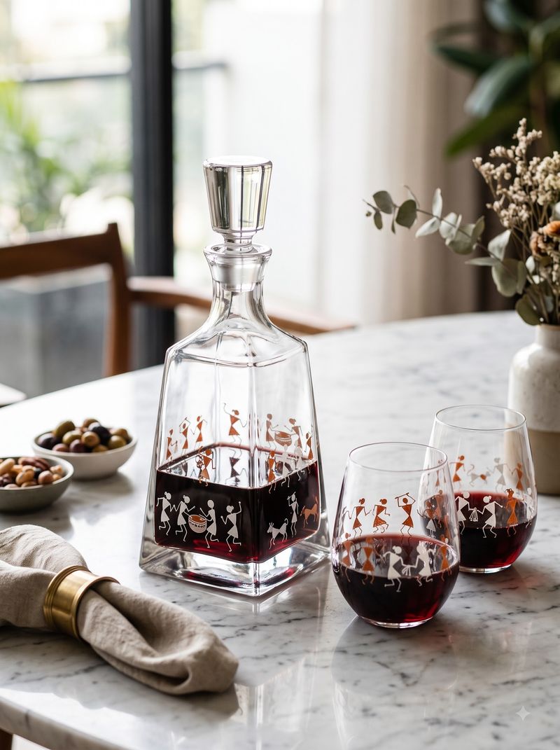 Warli / Gond Hand-Painted Wine Glass & Decanter Set