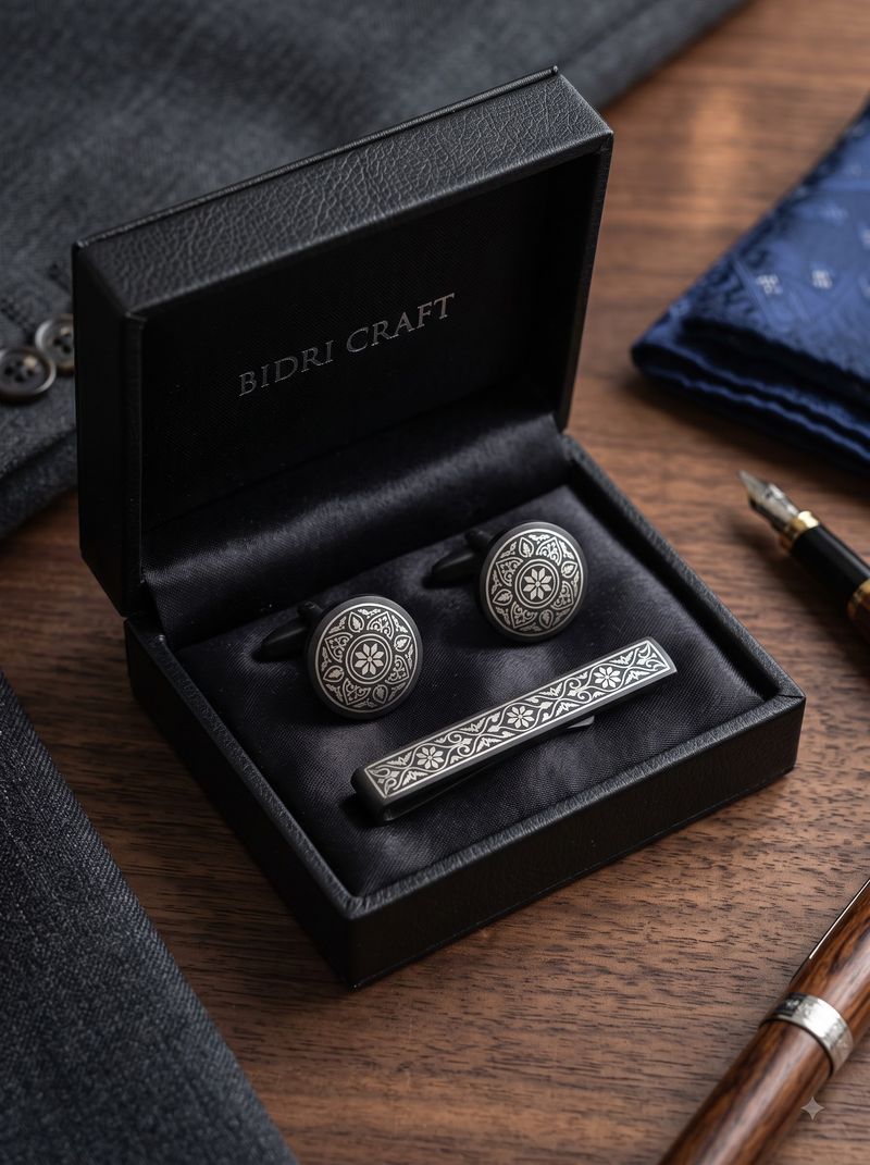 Bidri Silver-Inlay Cufflinks & Tie-Bar (GI Menswear)