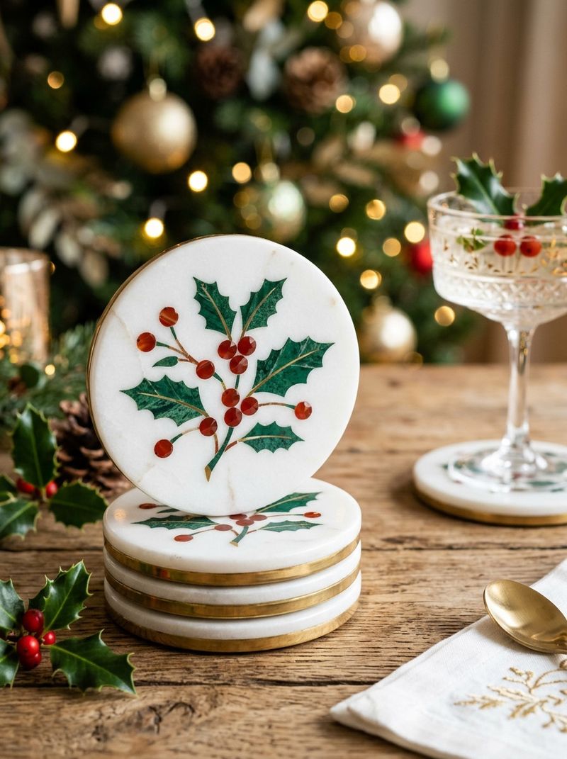 Marble Inlay (Pietra Dura) Holly Coaster Set