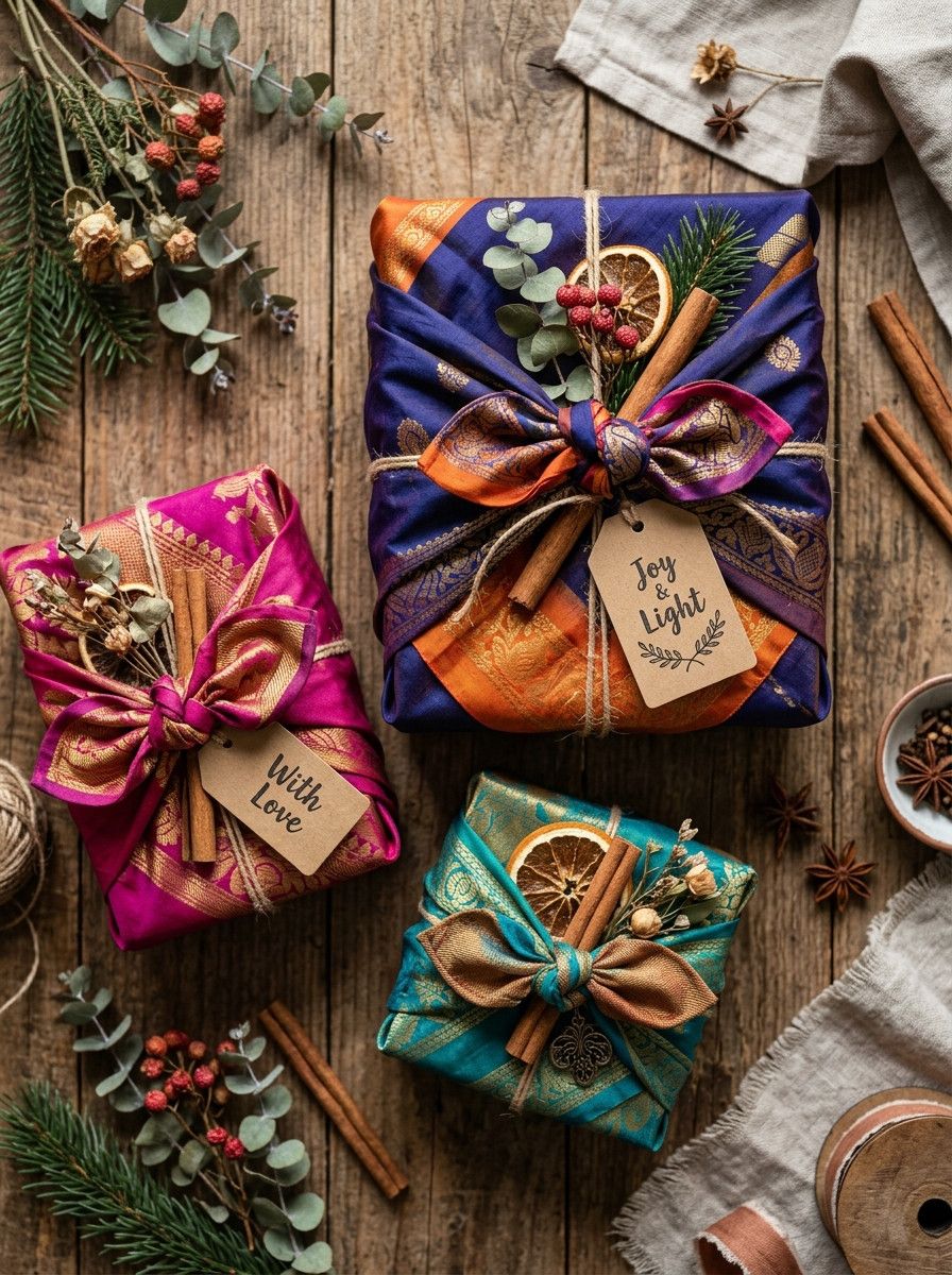 Recycled-Sari Furoshiki Gift-Wrap & Bow Set