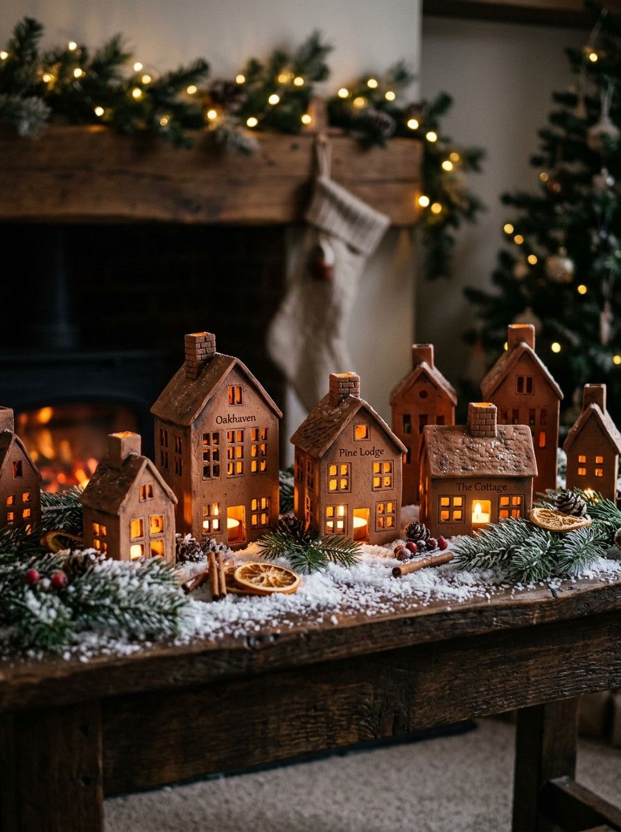 Terracotta Christmas Village Tealight Houses