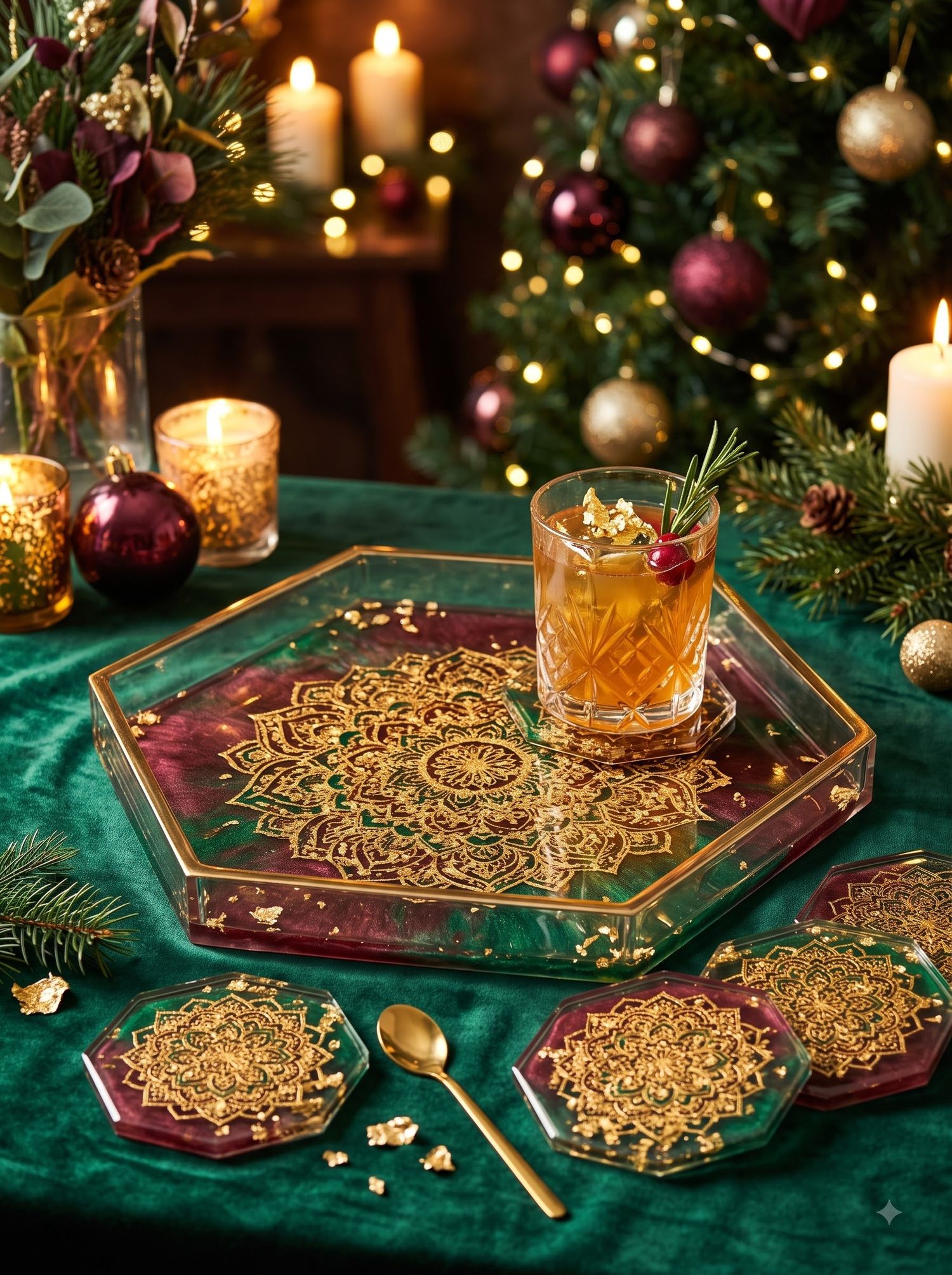 Resin Gold-Leaf Rangoli Coasters & Serving Tray