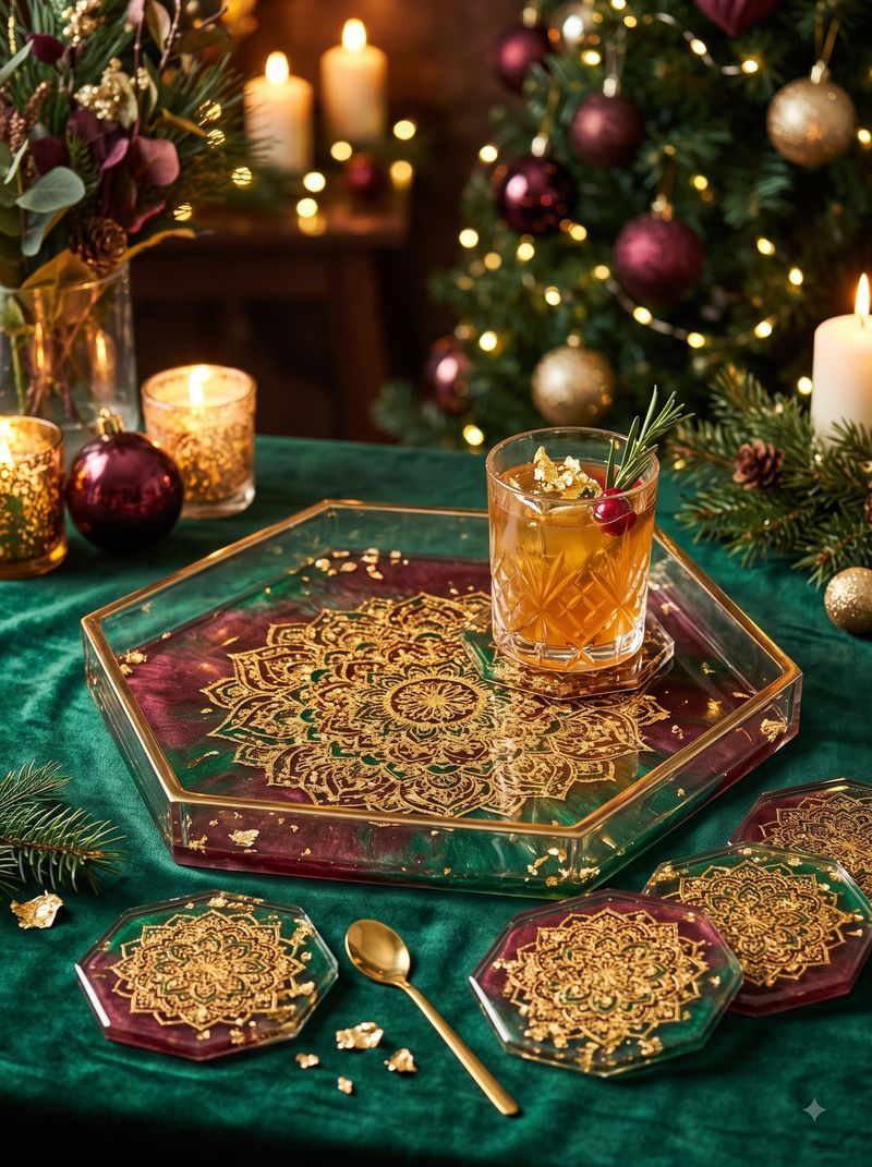 Resin Gold-Leaf Rangoli Coasters & Serving Tray