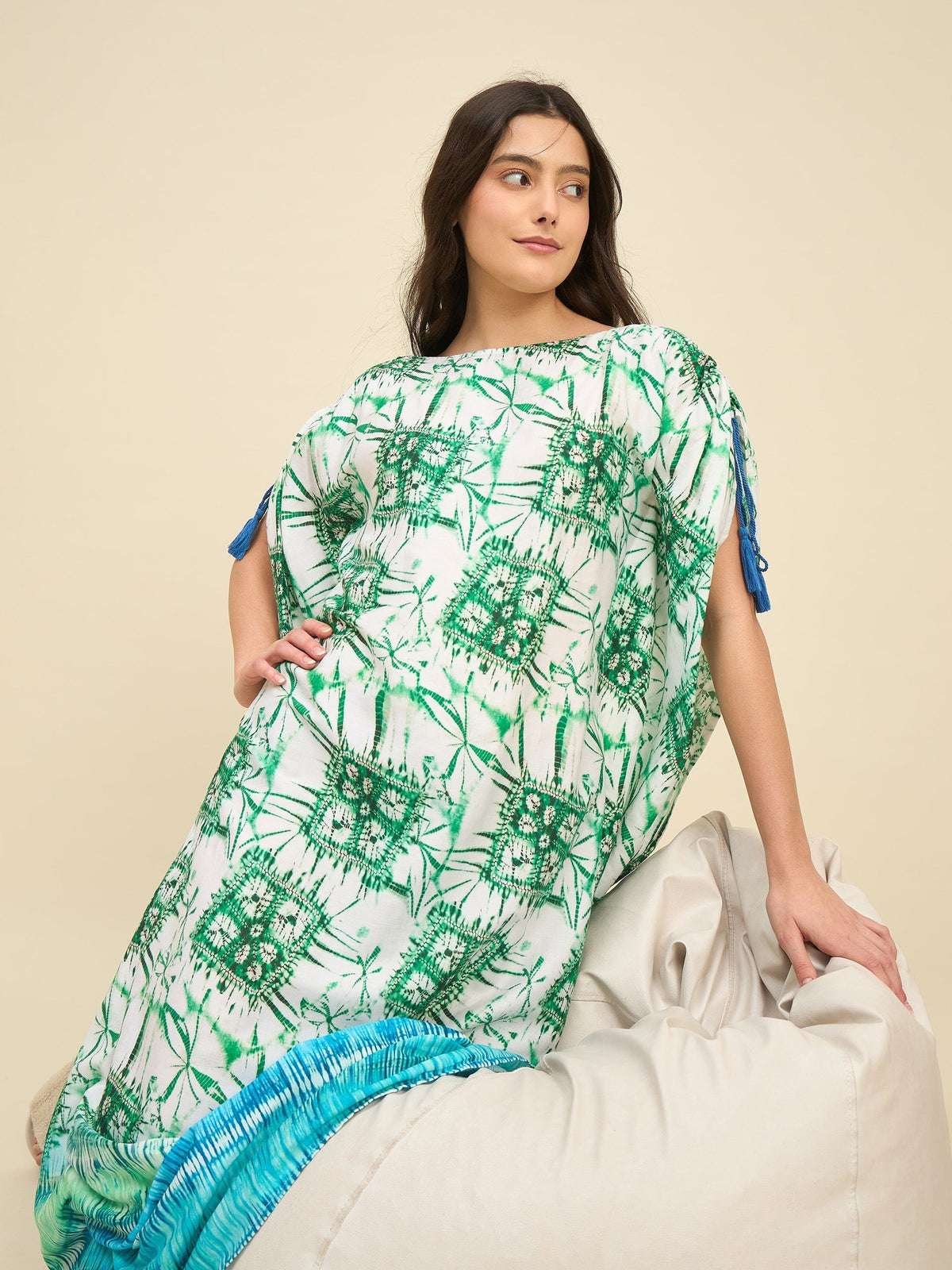 Women's Cotton Tie Dye Print Flowing Bell Sleeves Full Length Kaftan Drees Casual Beach Wear ( Green White ) - Image 3